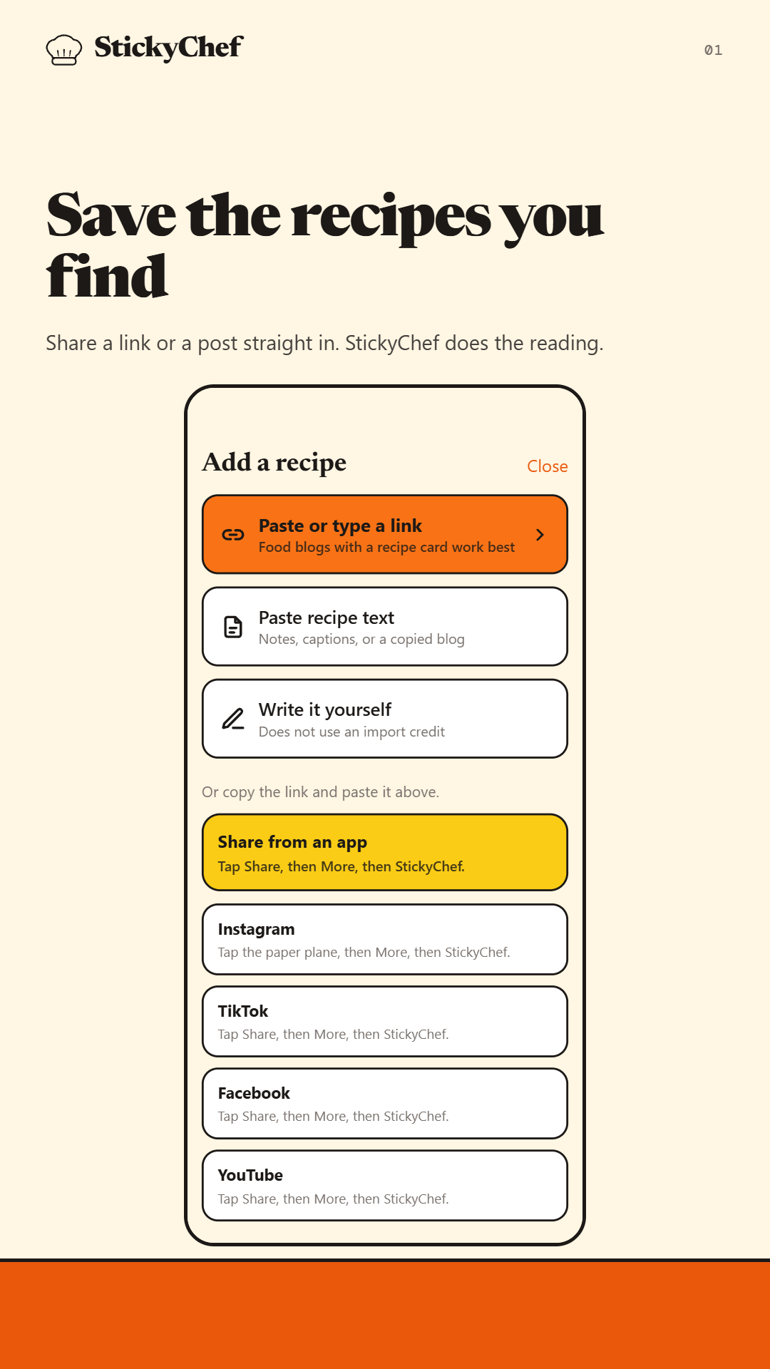 Save a recipe from a link, pasted text, or the share sheet.