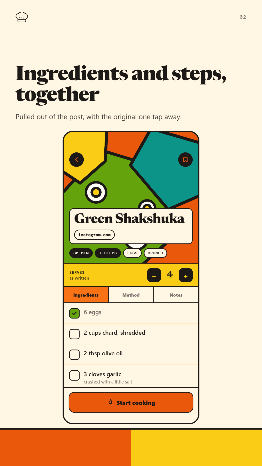 StickyChef recipe card for Green Shakshuka, with ingredients, servings, and Start cooking.