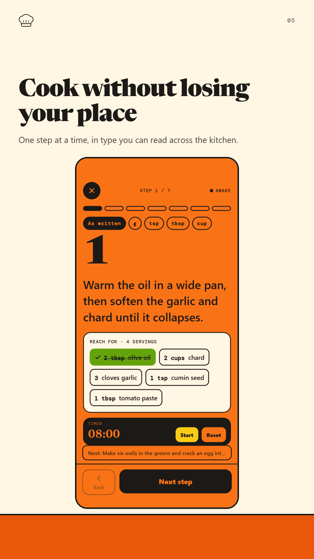 Cook mode showing one large step, reach-for chips, and a timer.